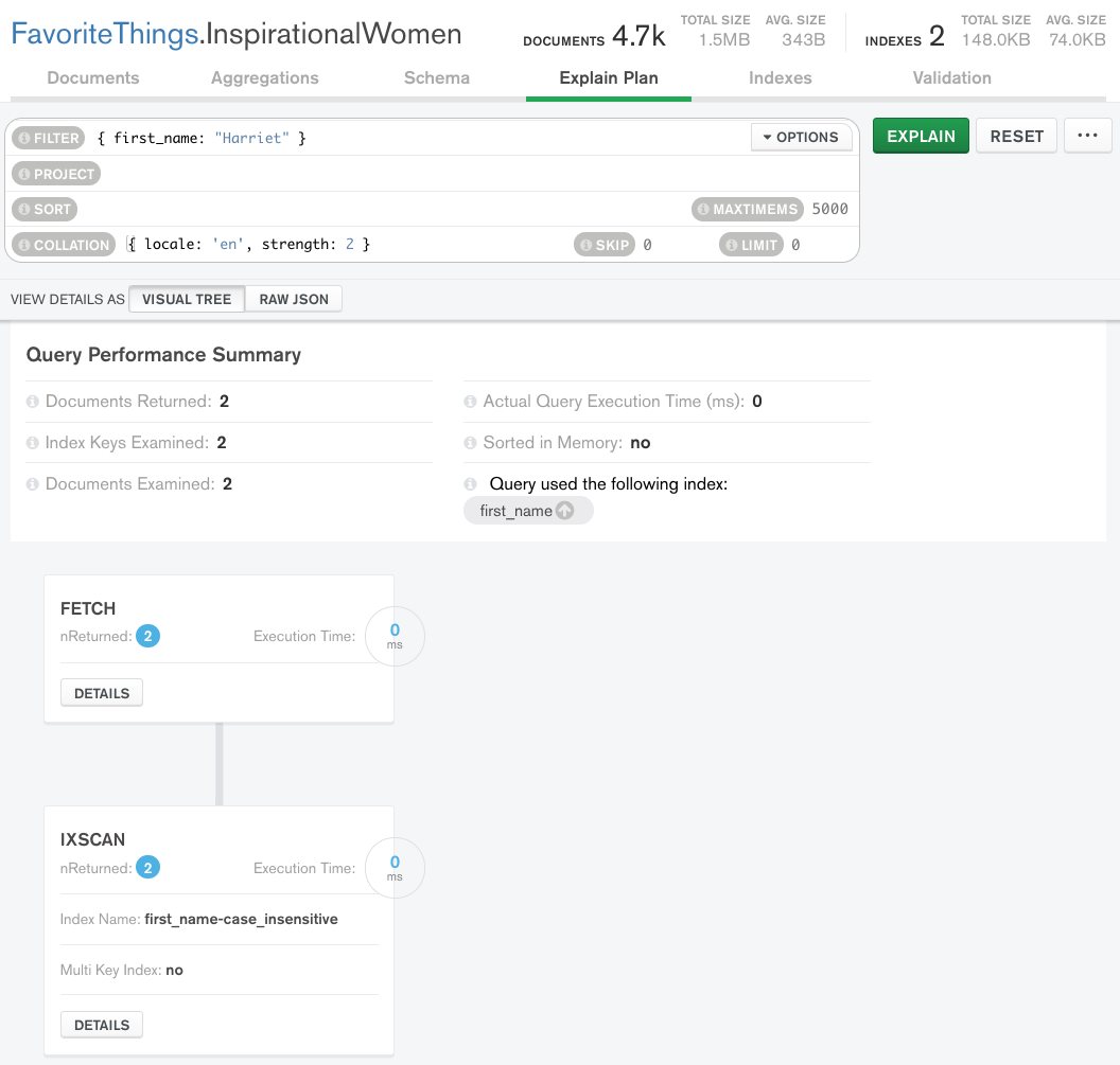 Screenshot of the MongoDB Compass Explain Plan view running a query with the collation specified