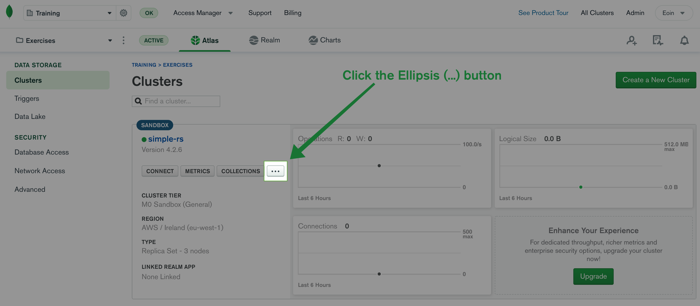 Selecting the additional options (...) for your Atlas cluster