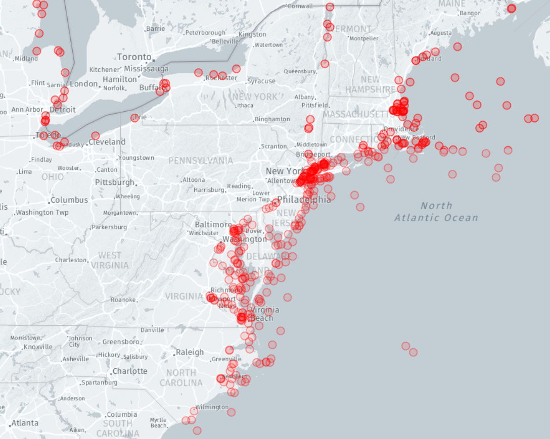 A visualisation in MongoDB Charts of the shipwrecks collection in the Geospatial dataset
