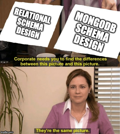 Meme: Pam (Most Devs) from the Office cannot tell the difference between Relational and NoSQL schema design.