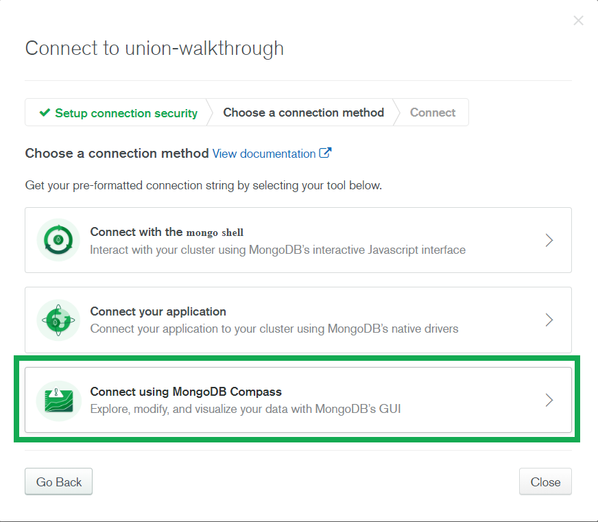 Choosing the "Connect with MongoDB Compass" option