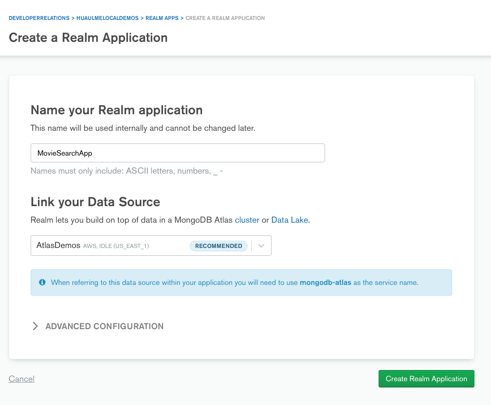 Create a new Realm Application