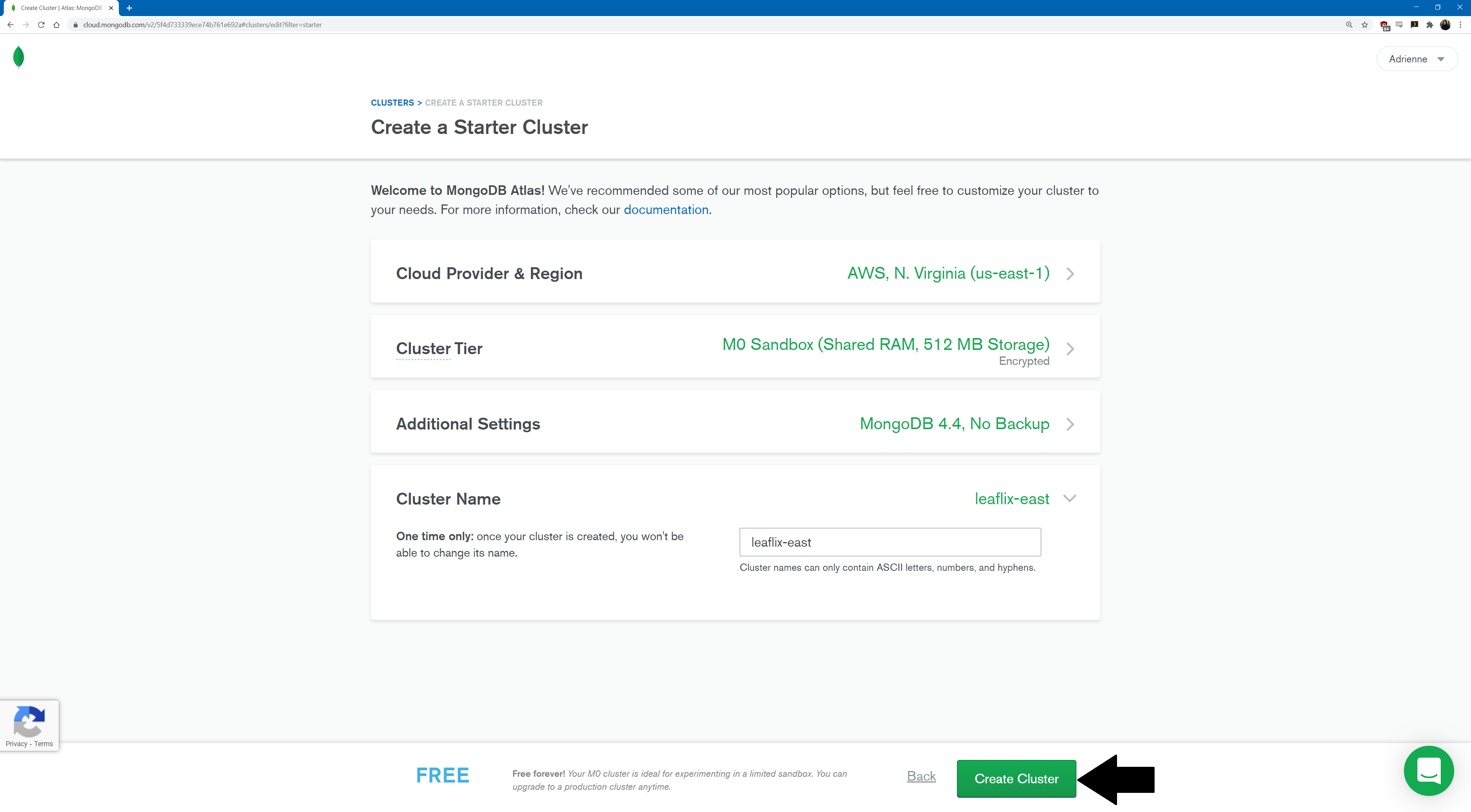 MongoDB Atlas Create Cluster