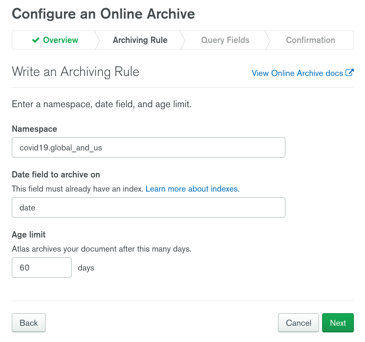 MongoDB Atlas Online Archive archiving rule