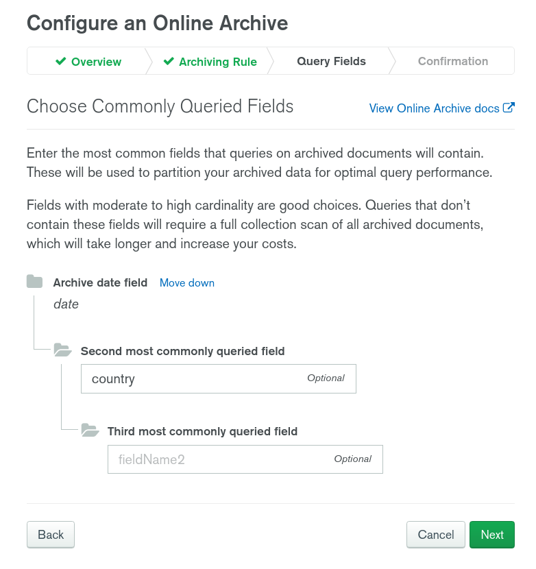 MongoDB Atlas Online Archive partitioning fields