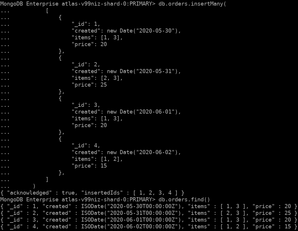 "4 documents inserted in MongoDB Atlas M10 cluster"