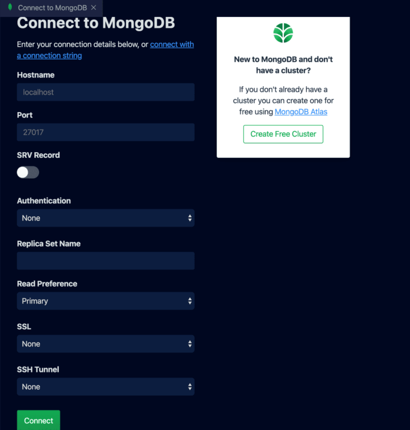 Screenshot of the 'Connect to MongoDB' screen in VS Code.