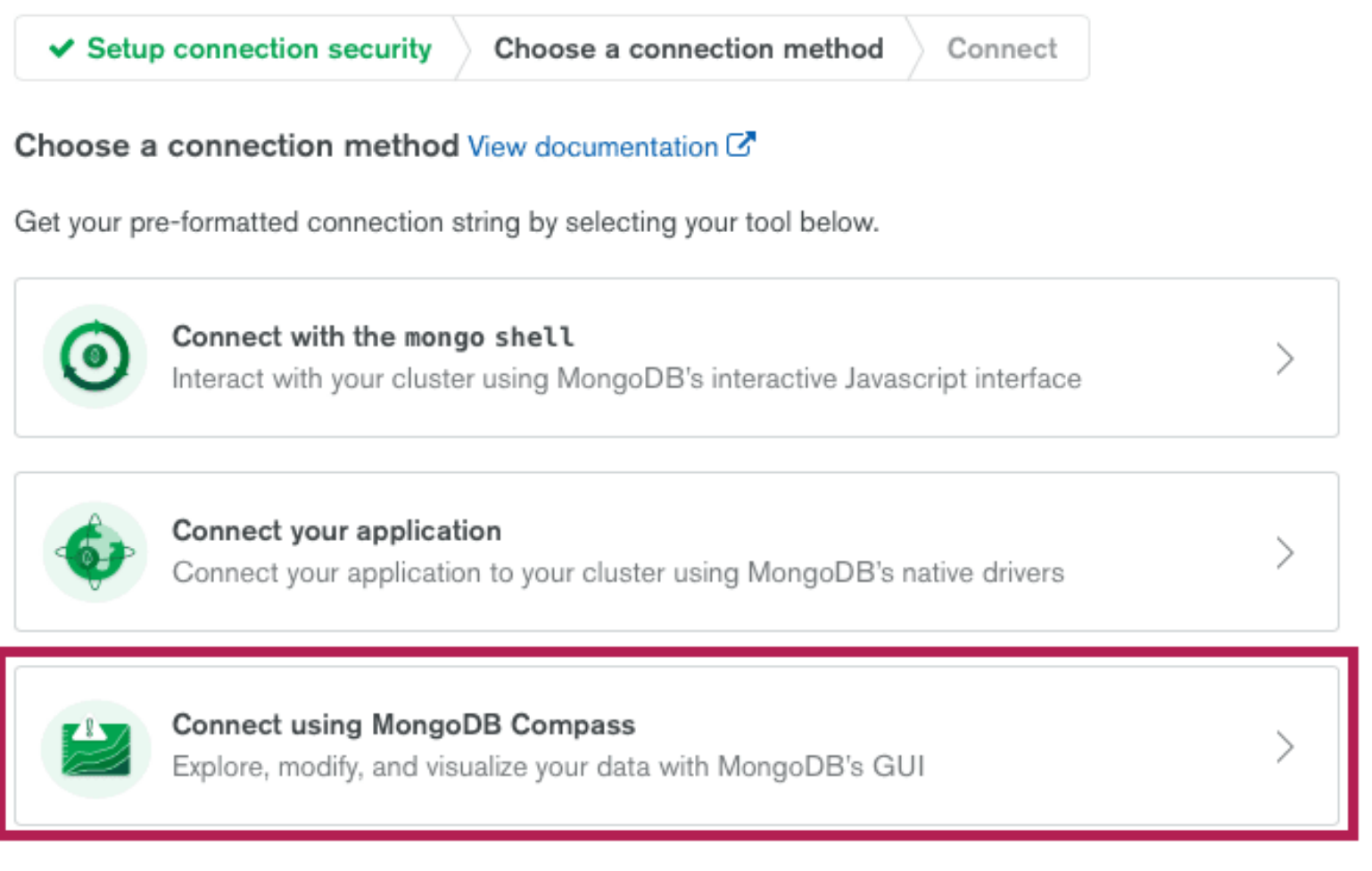 Screenshot of the 'Choose a connection method' screen on MongoDB Atlas, with a box highlighting the 'Connect using MongoDB Compass' button.