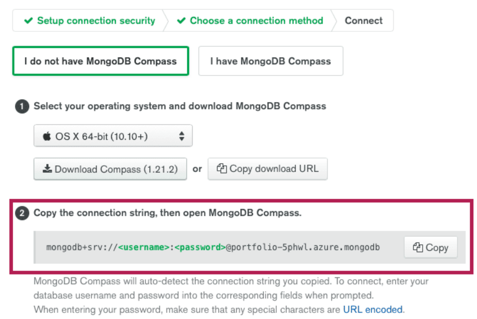 Screenshot of the 'Choose a connection method' screen on MongoDB Atlas, with a box highlighting the 'Copy the connection string' section.