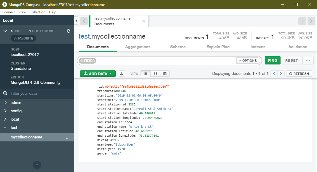 The imported document, viewed in MongoDB Compass