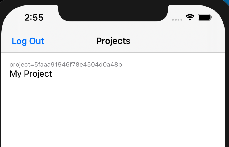 Projects view shown in an iOS simulator