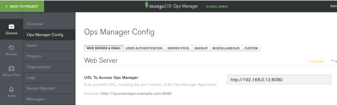 MongoDB Ops Manager config page