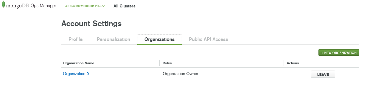 MongoDB Ops Manager Organizations page