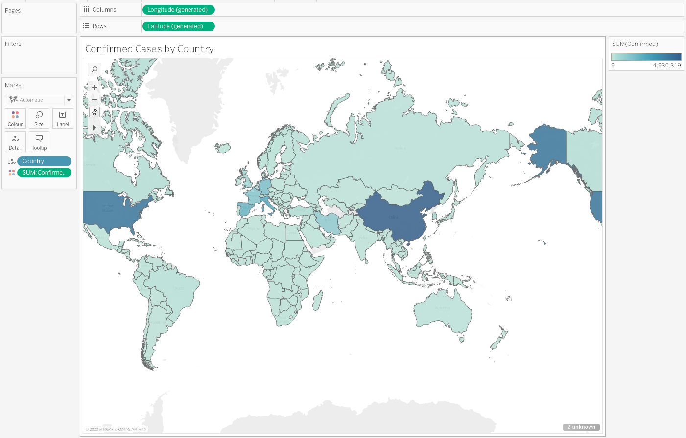 COVID-19 World map in Tableau.
