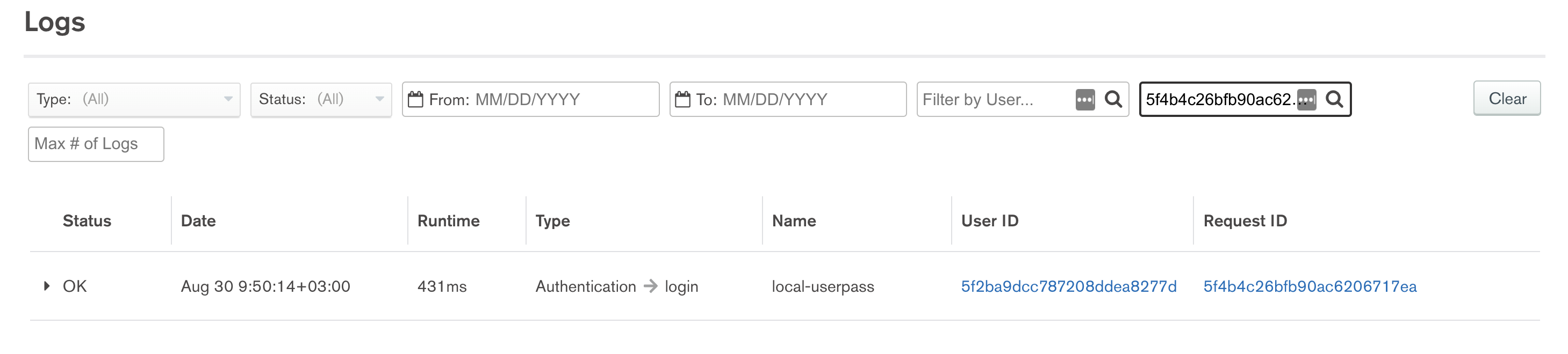 Successful login in the MongoDB Realm Logs dashboard