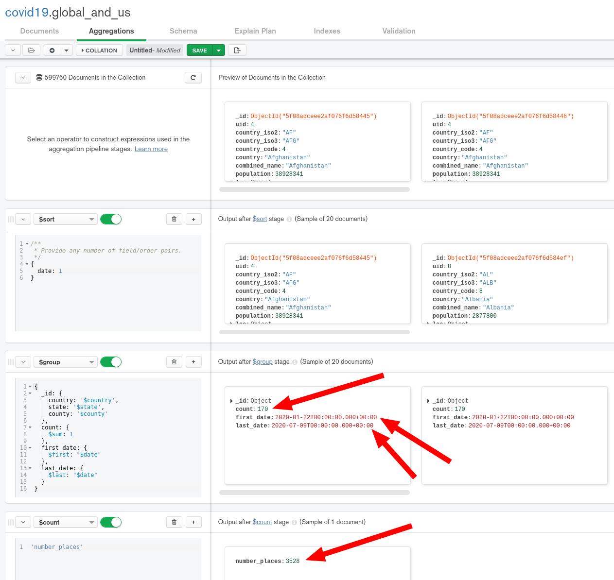 Aggregation pipeline in MongoDB Compass