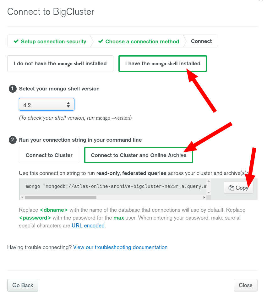 Copy the Mongo Shell connection string