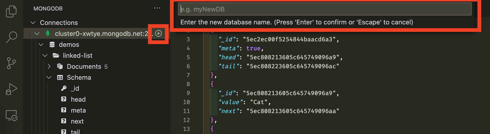 Screenshot showing how to create a new database in VS Code. A red box highlights the plus button next to your cluster name,.