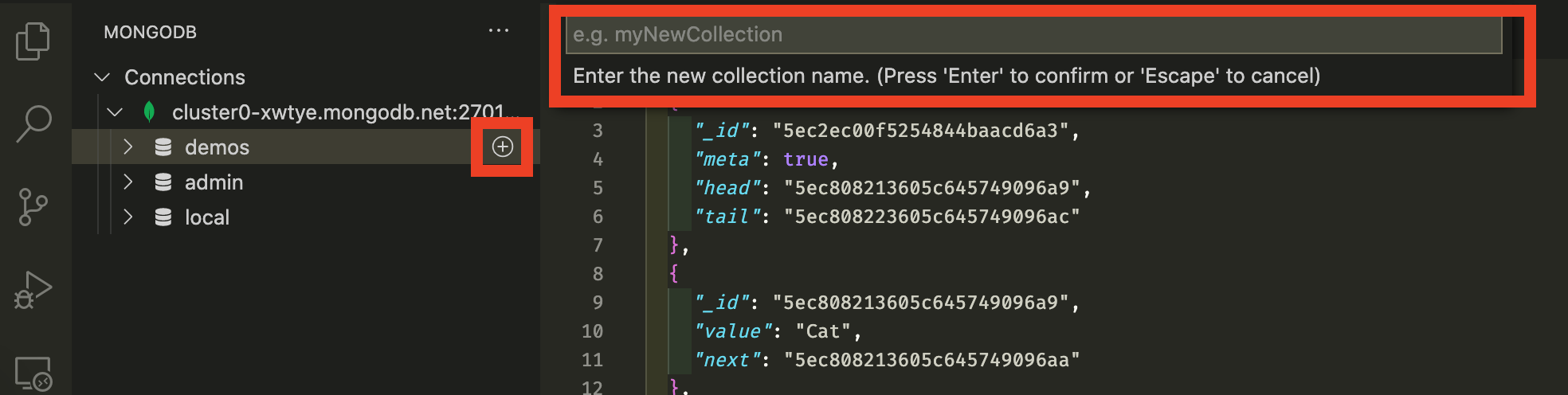 Screenshot showing how to create a new collection in VS Code. A red box highlights the plus button next to your database name.