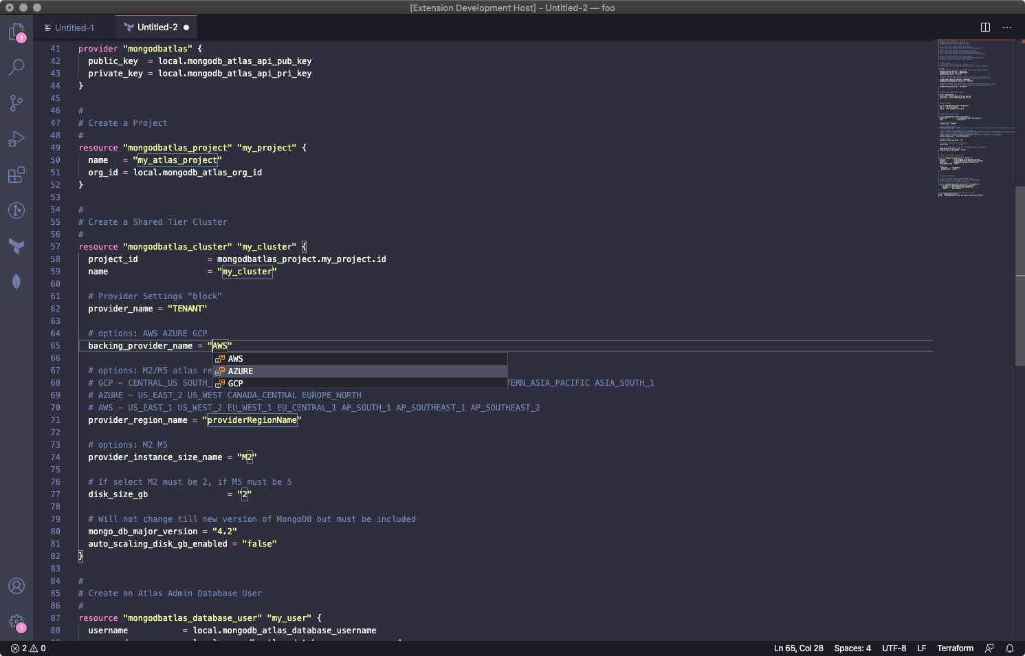 Screenshot showing the Terraform capabilities of the MongoDB VS Code Plugin.
