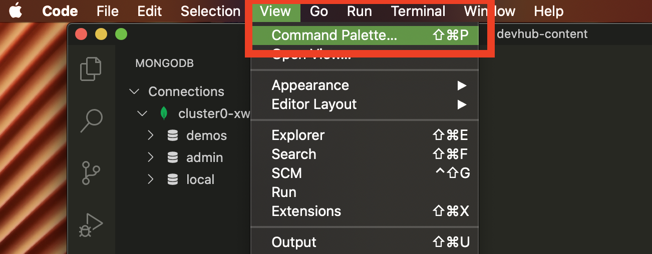 Screenshot showing how to open up the command palette in VS Code. A red box highlights the ommand palette.