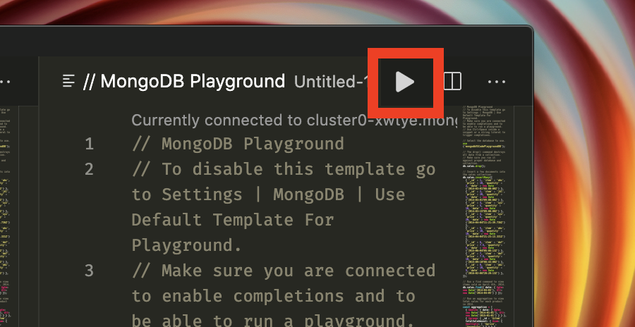 Screenshot showing how to run a playground, a red box highlights the Play Button in Visual Studio Code's top navigation bar.