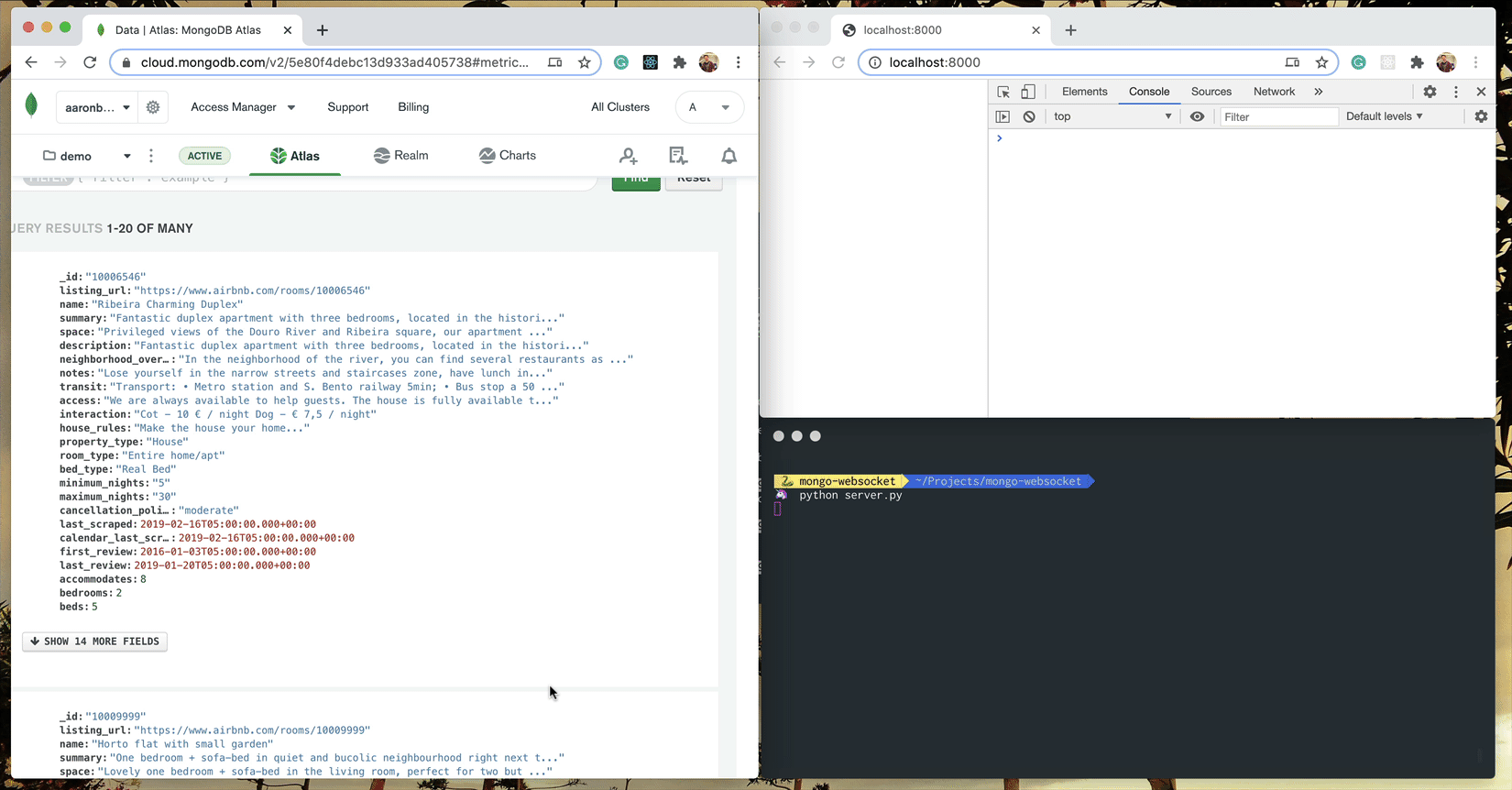 Screencast showing change being sent in real-time via a WebSocket