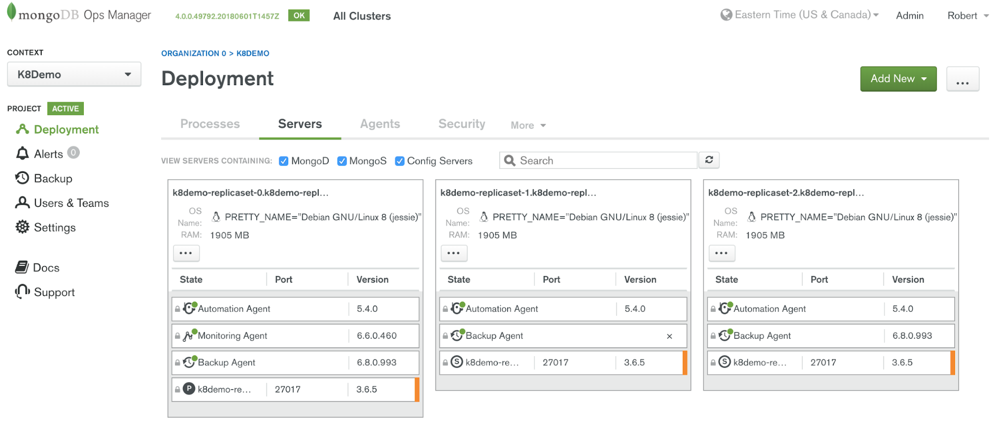 Servers tab of the Deployment page in Ops Manager