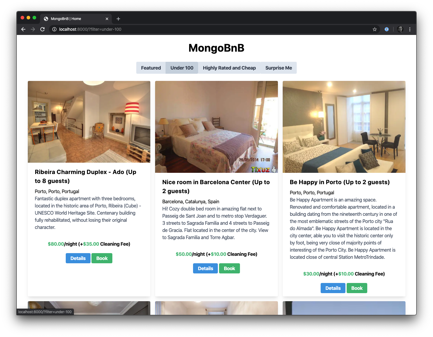 MongoBnB Homepage with Filters