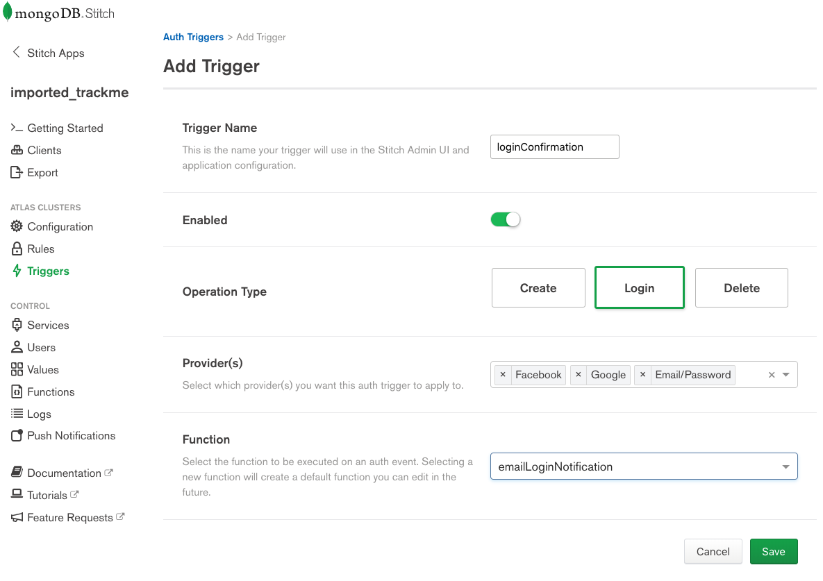 Triggering a MongoDB Stitch function when user logs in